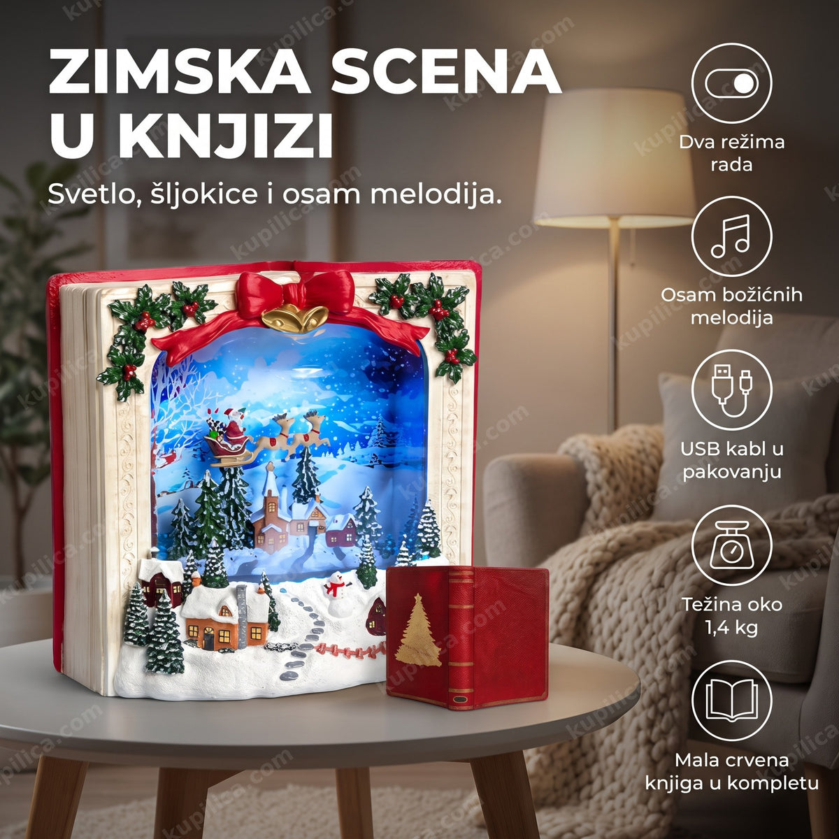 svetleća snežna kugla knjiga sa šljokicama pored fotelje u čitalačkom kutku