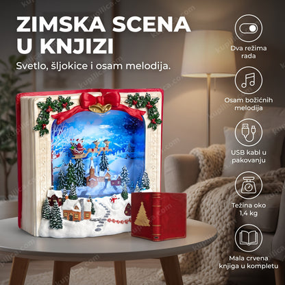 svetleća snežna kugla knjiga sa šljokicama pored fotelje u čitalačkom kutku
