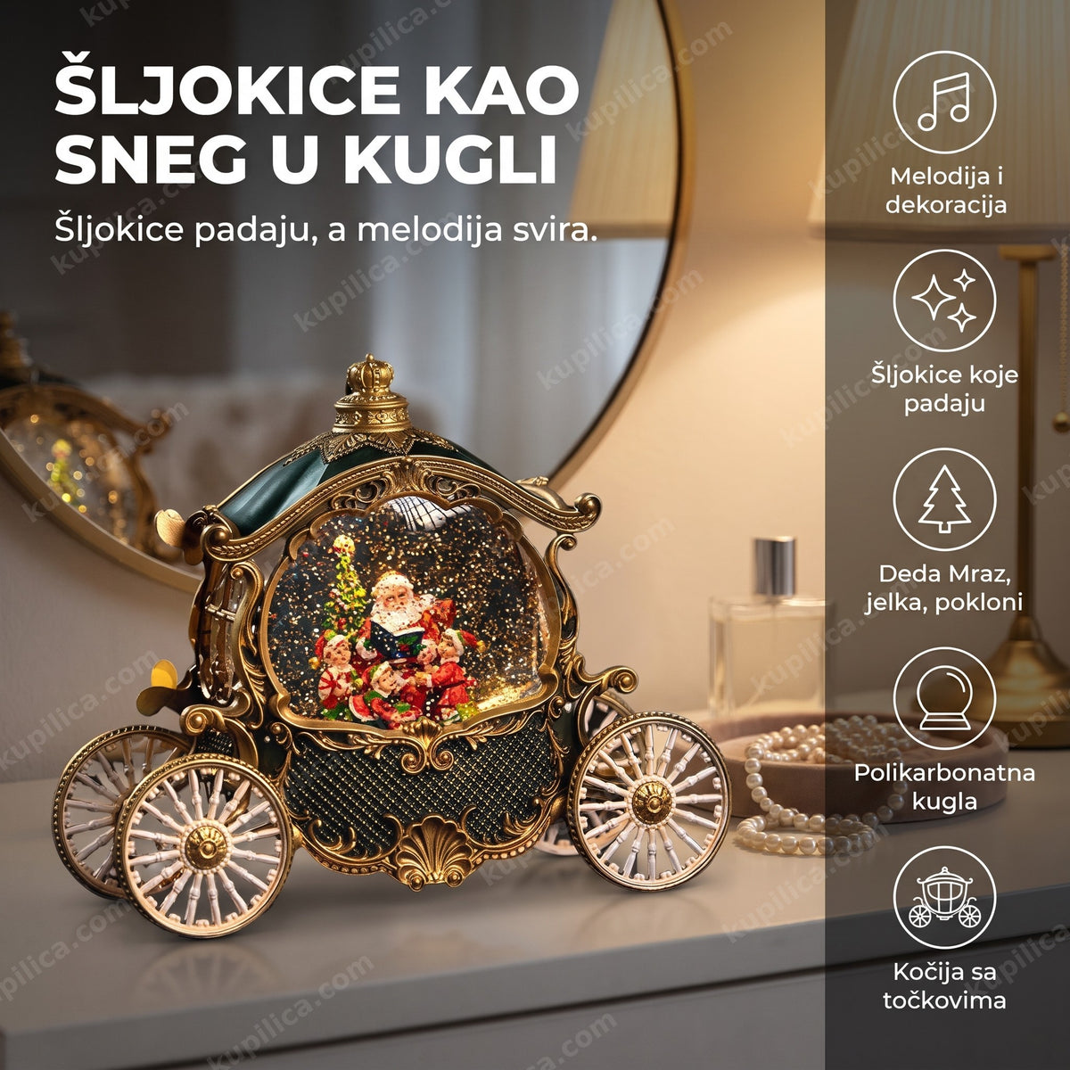 snežna kugla na kočiji sa šljokicama na toaletnom stolu ispred ogledala