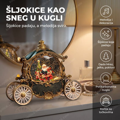 snežna kugla na kočiji sa šljokicama na toaletnom stolu ispred ogledala