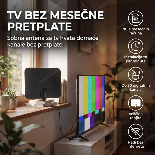 sobna antena za tv na prozoru pored televizora u dnevnoj sobi, benefiti proizvoda