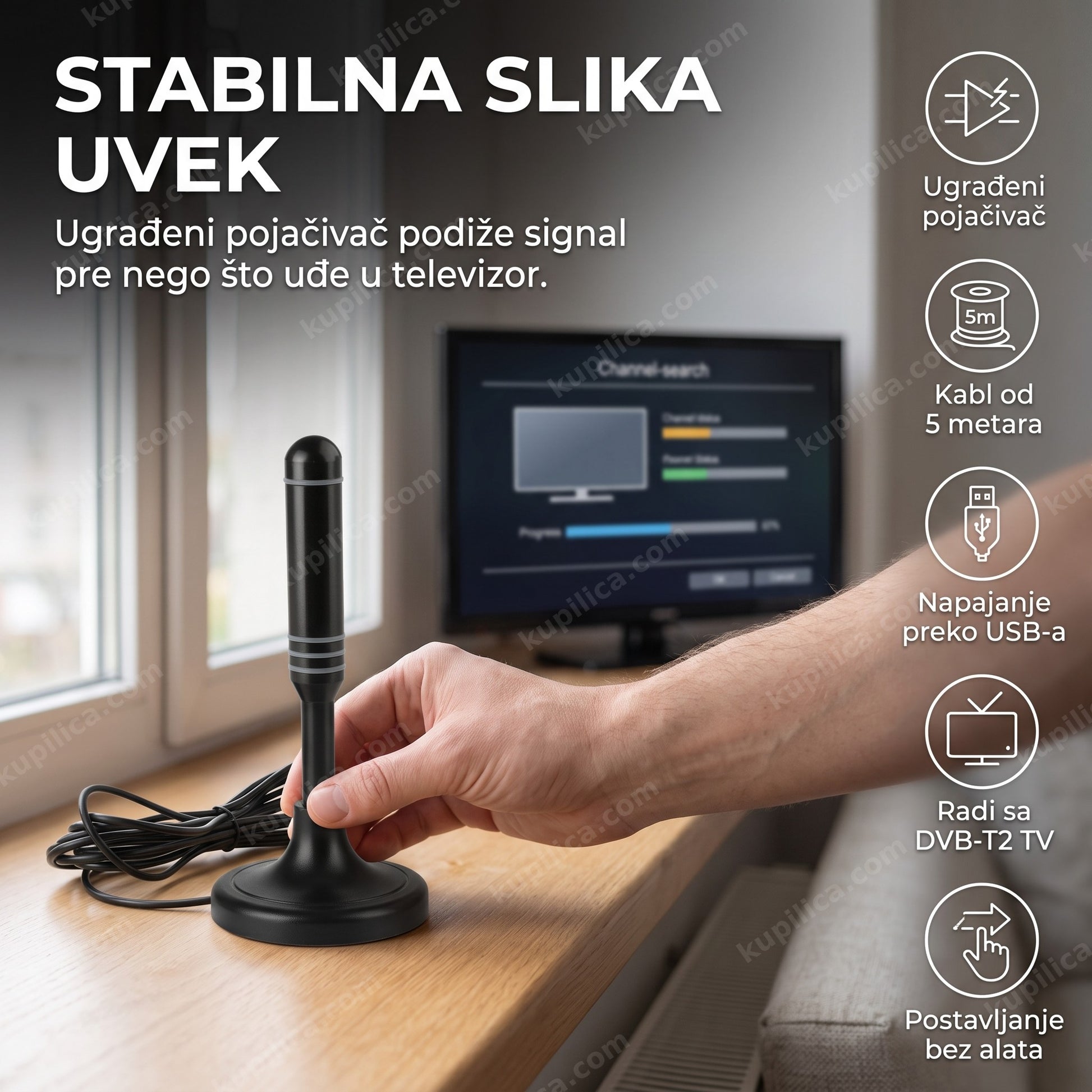 sobna digitalna TV antena sa pojačivačem signala — postavljanje antene na prozor, kabl od 5 metara