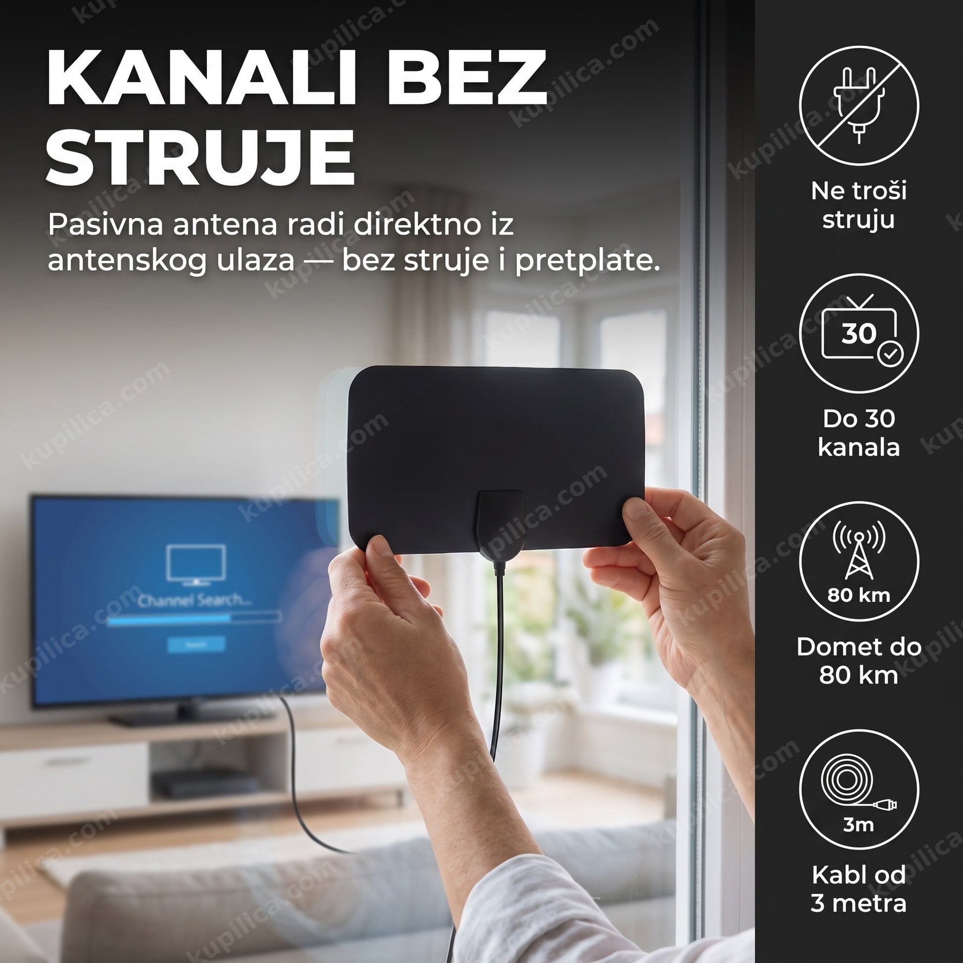 sobna HDTV antena bez napajanja — pasivna DVB-T2 antena na kuhinjskom prozoru, do 30 kanala
