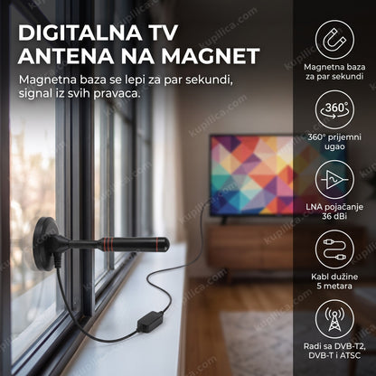 digitalna sobna tv antena na magnetu na prozoru, televizor sa apstraktnom slikom, benefiti proizvoda