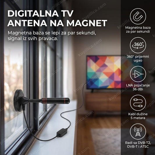 digitalna sobna tv antena na magnetu na prozoru, televizor sa apstraktnom slikom, benefiti proizvoda