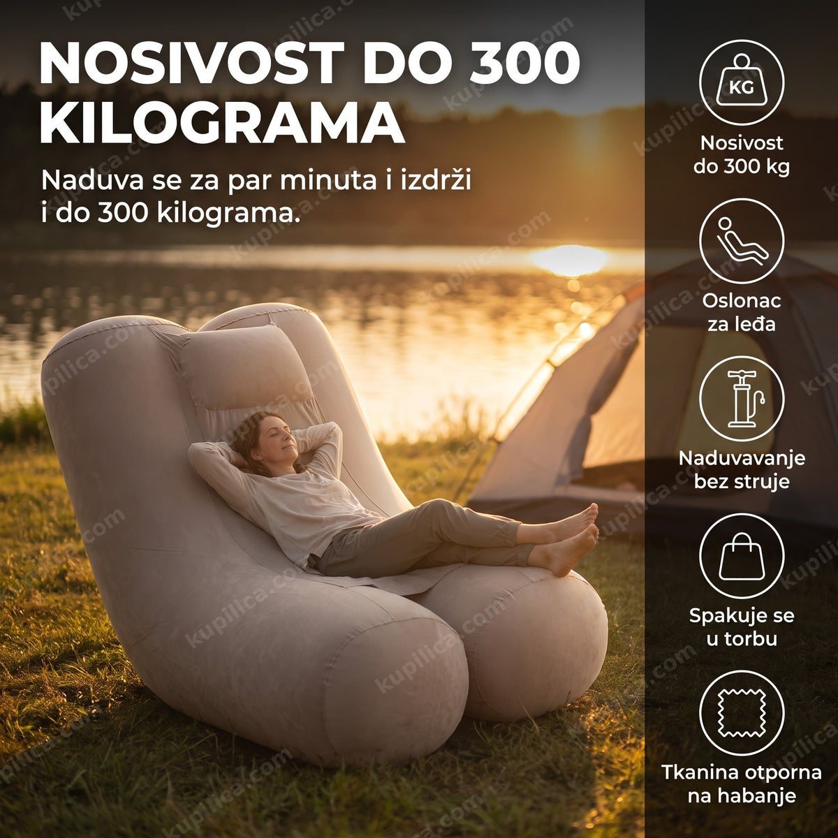 sofa na naduvavanje na obali jezera tokom kampovanja, benefiti proizvoda