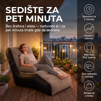 sofa na naduvavanje sa naslonom — opuštanje na naduvanoj ležaljci na terasi uveče, flok ležaljka za jednu osobu