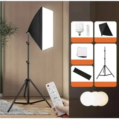 softbox set sa led sijalicama na stalku sa daljinskim upravljačem u ruci