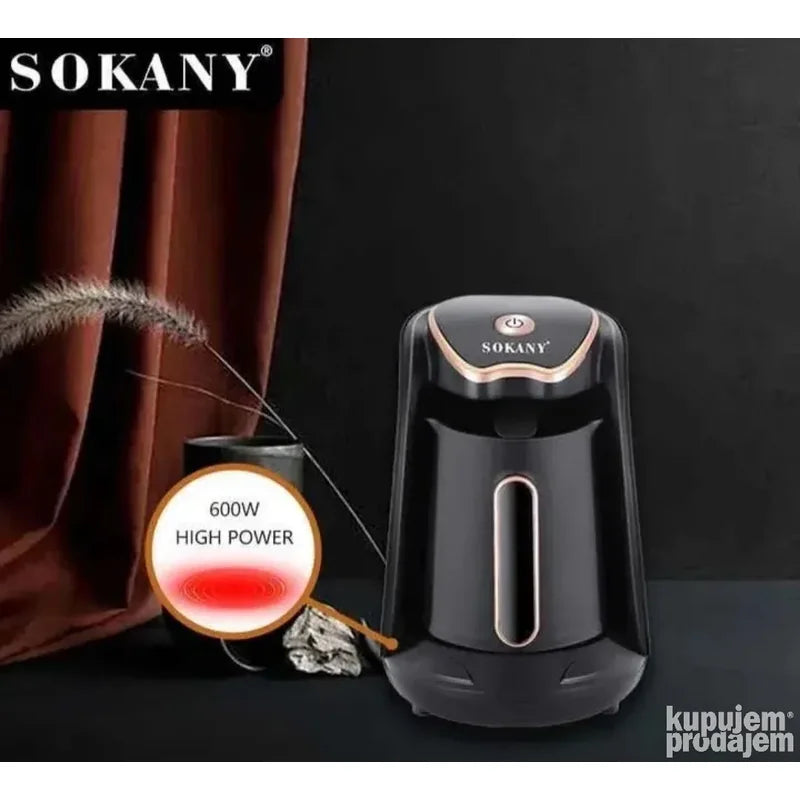 Sokany aparat za tursku kafu na crnoj podlozi sa oznakom snage 600W