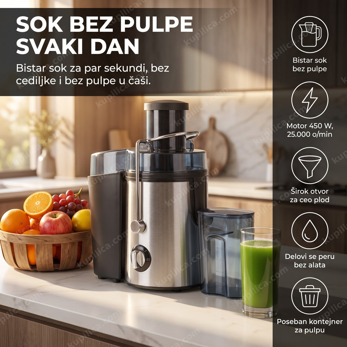 sokovnik sa filterom za pulpu koji pravi svež sok od voća u kuhinji, benefiti proizvoda