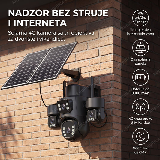 crna solarna 4g kamera sa 3 objektiva i dva solarna panela na zidu kuće