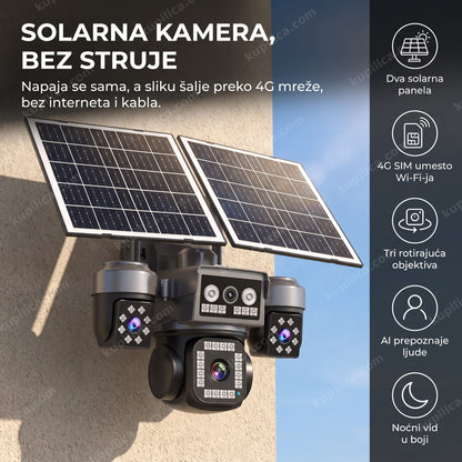 solarna 4g kamera sa 4 sočiva i solarnim panelom na zidu kuće