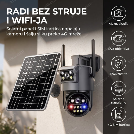 solarna 4g kamera sa dva objektiva i solarnim panelom iznad ulaza