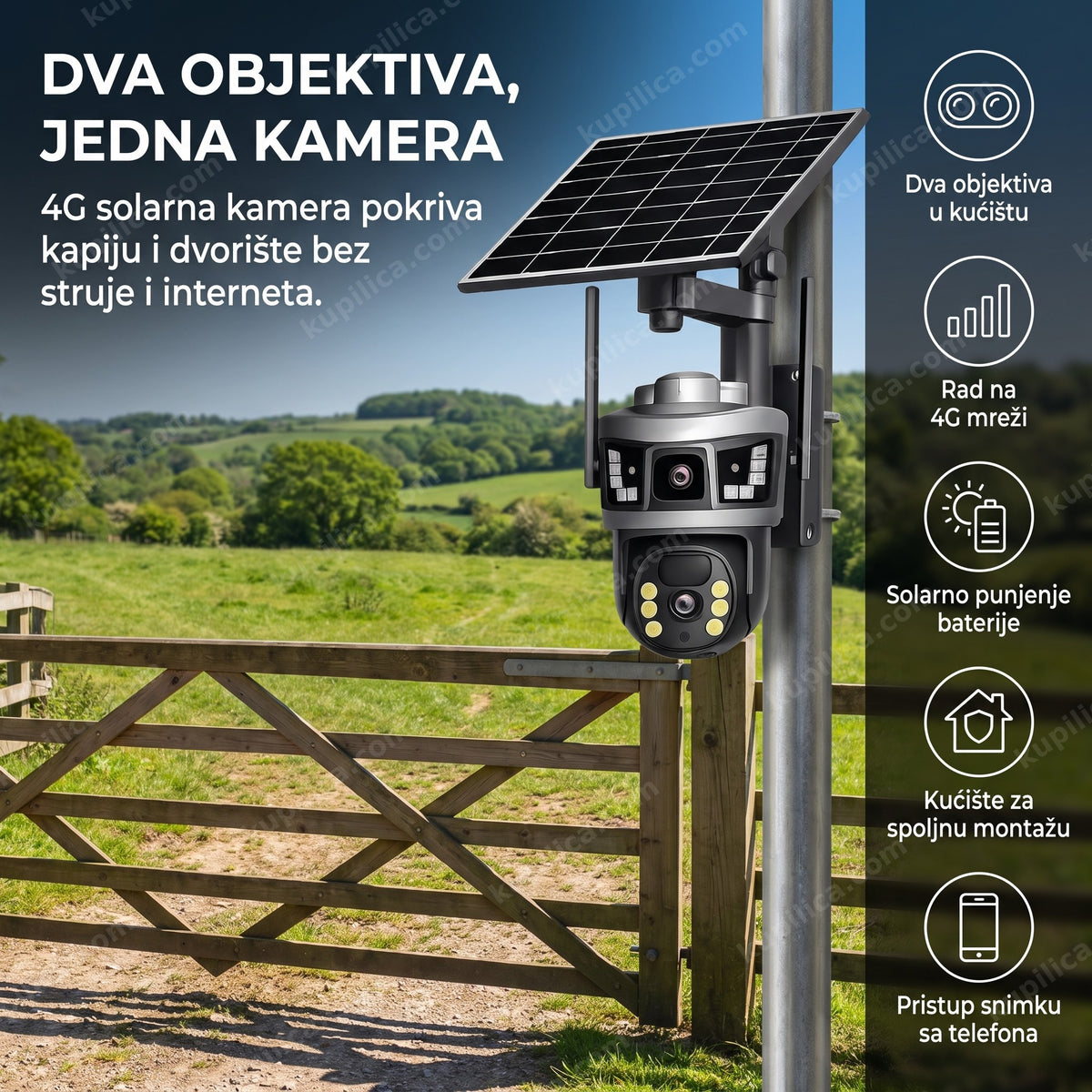 solarna 4g kamera sa dvostrukim objektivom montirana na stub pored kapije dvorišta