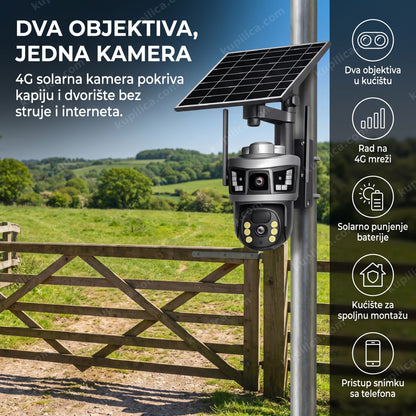 solarna 4g kamera sa dvostrukim objektivom montirana na stub pored kapije dvorišta