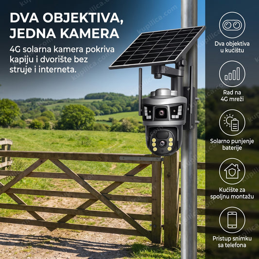 solarna 4g kamera sa dvostrukim objektivom montirana na stub pored kapije dvorišta