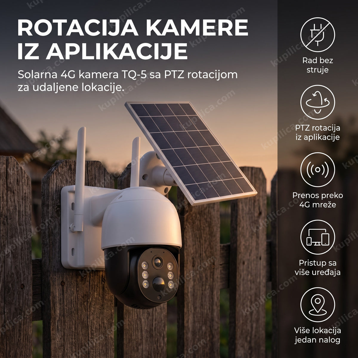 bela solarna 4g kamera sa ptz rotacijom na drvenom stubu u sumrak