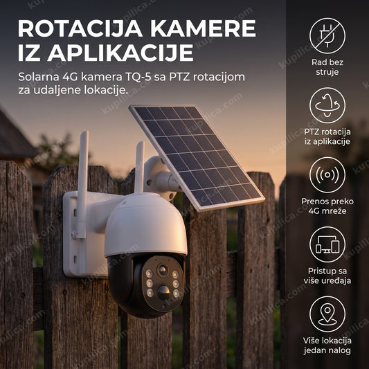 bela solarna 4g kamera sa ptz rotacijom na drvenom stubu u sumrak