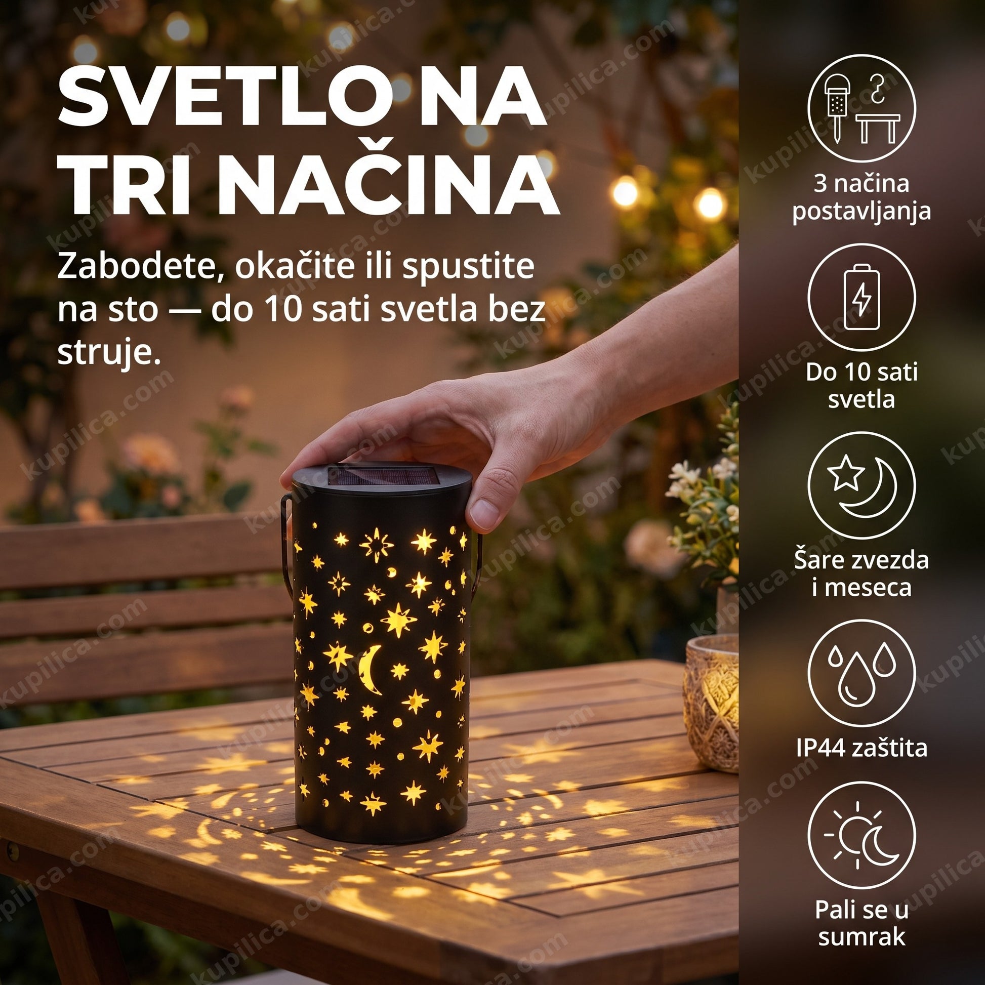 solarna baštenska lampa 3u1 sa motivom zvezda i meseca — lampa na stolu na terasi u sumrak, tri načina postavljanja