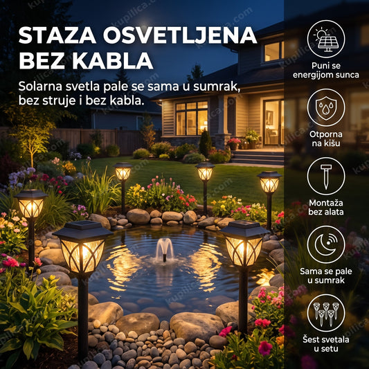 šest solarnih baštenskih svetala oko fontane u dvorištu uveče, benefiti proizvoda
