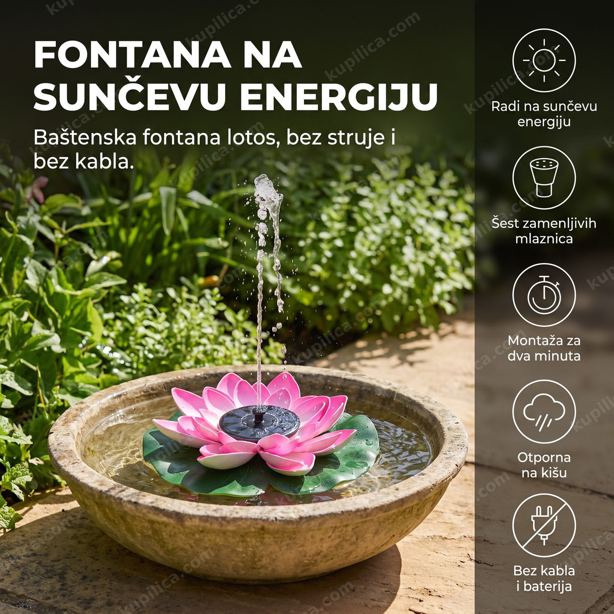 roze solarna fontana lotos sa mlazom vode i baštenskim rastinjem