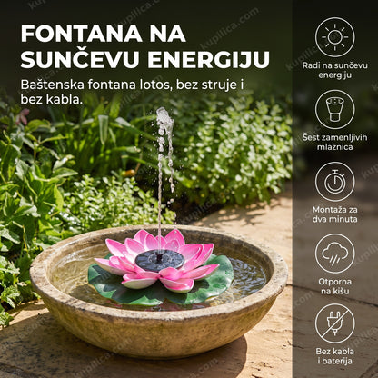 roze solarna fontana lotos sa mlazom vode i baštenskim rastinjem