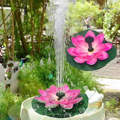 solarna fontana lotos u obliku ružičastog lokvanja sa mlazom vode u bašti, kolibri u letu