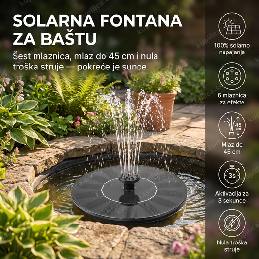 solarna fontana sa 6 mlaznica u baštenskom jezercu na suncu, benefiti proizvoda