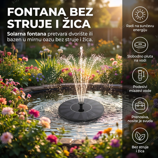 solarna fontana koja pluta na vodi u bašti sa cvećem, benefiti proizvoda