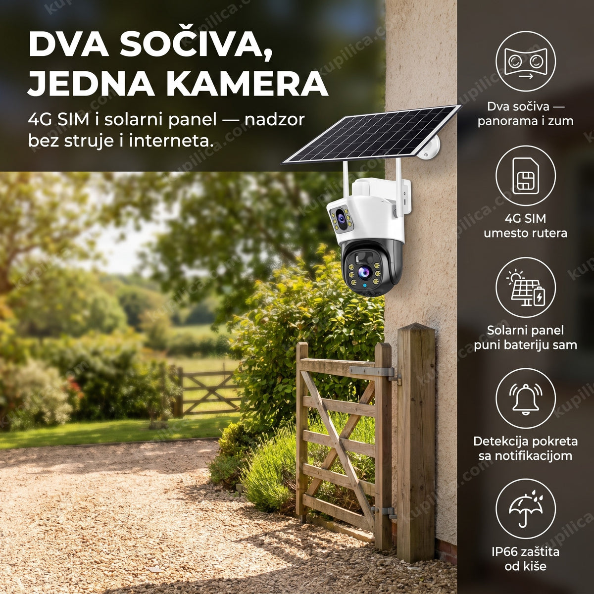 solarna kamera bez struje i interneta montirana na zidu dvorišta, benefiti proizvoda