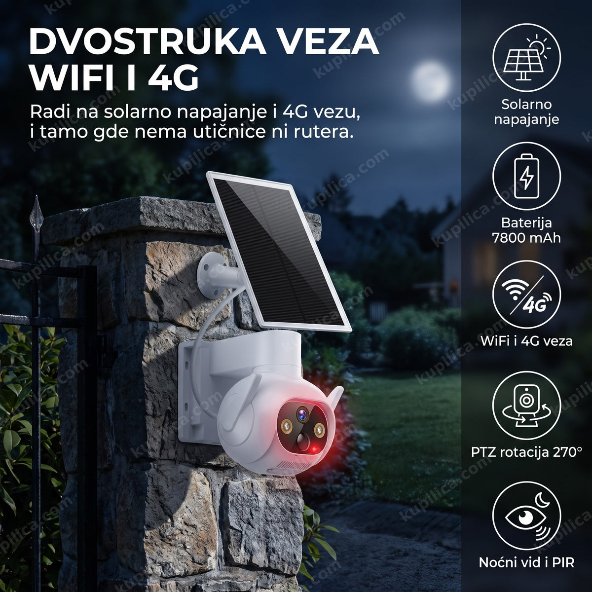 Solarna PTZ kamera sa 4G montirana na stubu kapije noću, benefiti proizvoda