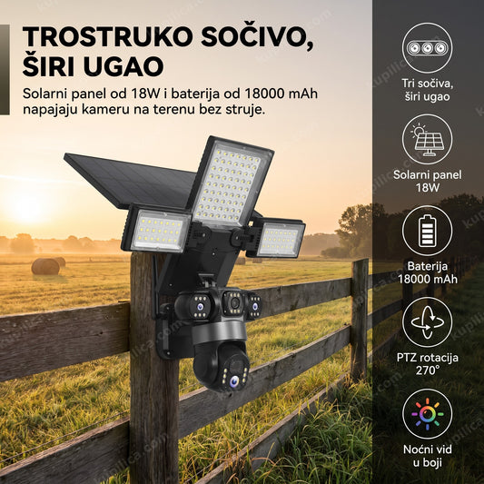 Solarna PTZ kamera sa tri sočiva na ogradi seoskog imanja ujutru, benefiti proizvoda