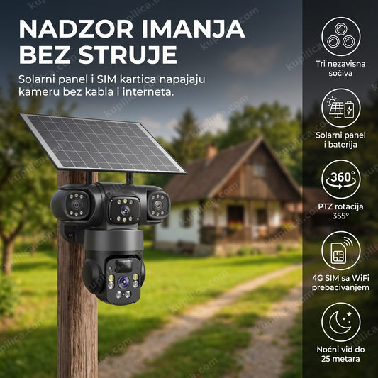 solarna wifi ptz kamera sa 3 sočiva montirana na banderi iznad dvorišta vikendice, benefiti proizvoda