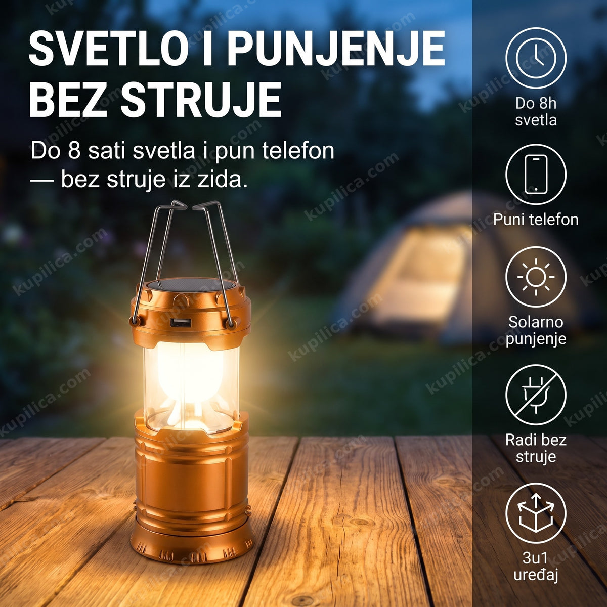solarna lampa fenjer sa punjačem telefona na drvenom stolu uveče