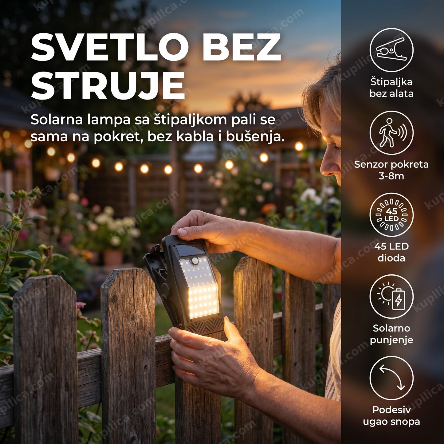 solarna lampa sa senzorom pokreta i štipaljkom — žena kači lampu na ogradu u sumrak, benefiti proizvoda