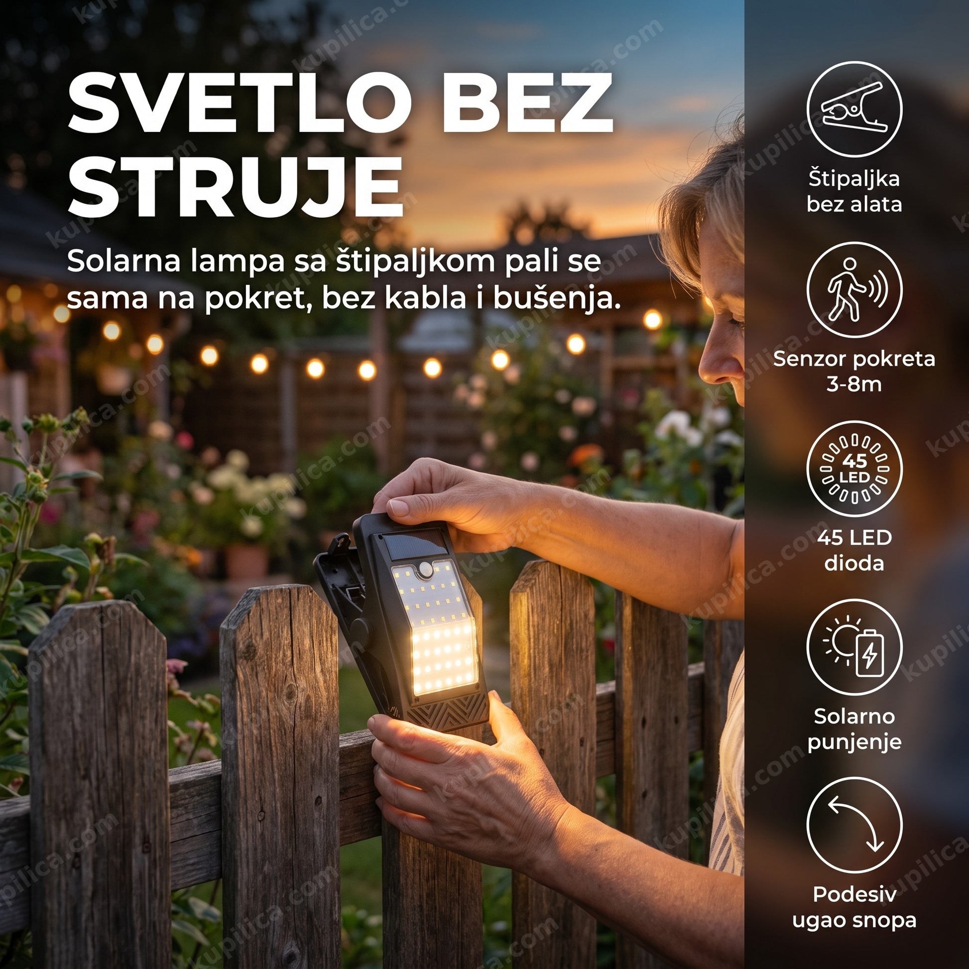 solarna lampa sa senzorom pokreta i štipaljkom — žena kači lampu na ogradu u sumrak, benefiti proizvoda