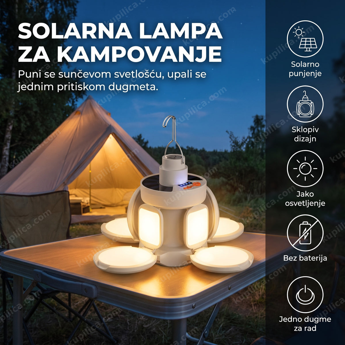 Solarna lampa za kampovanje osvetljava sto ispred šatora uveče