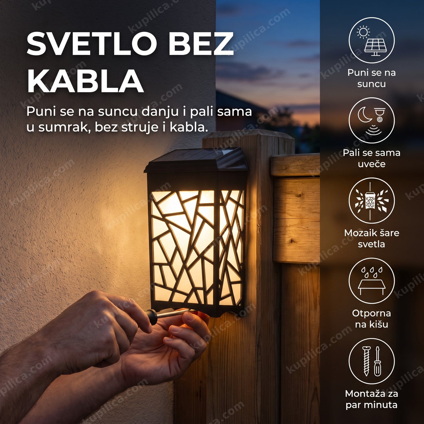 Nazidna solarna lampa AB-TY49 sa mozaik kućištem i senzorom mraka