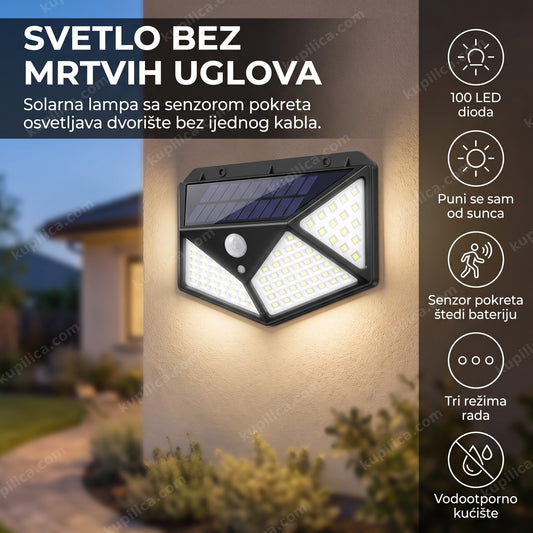 crna solarna lampa za zid sa upaljenim led diodama uveče na kući