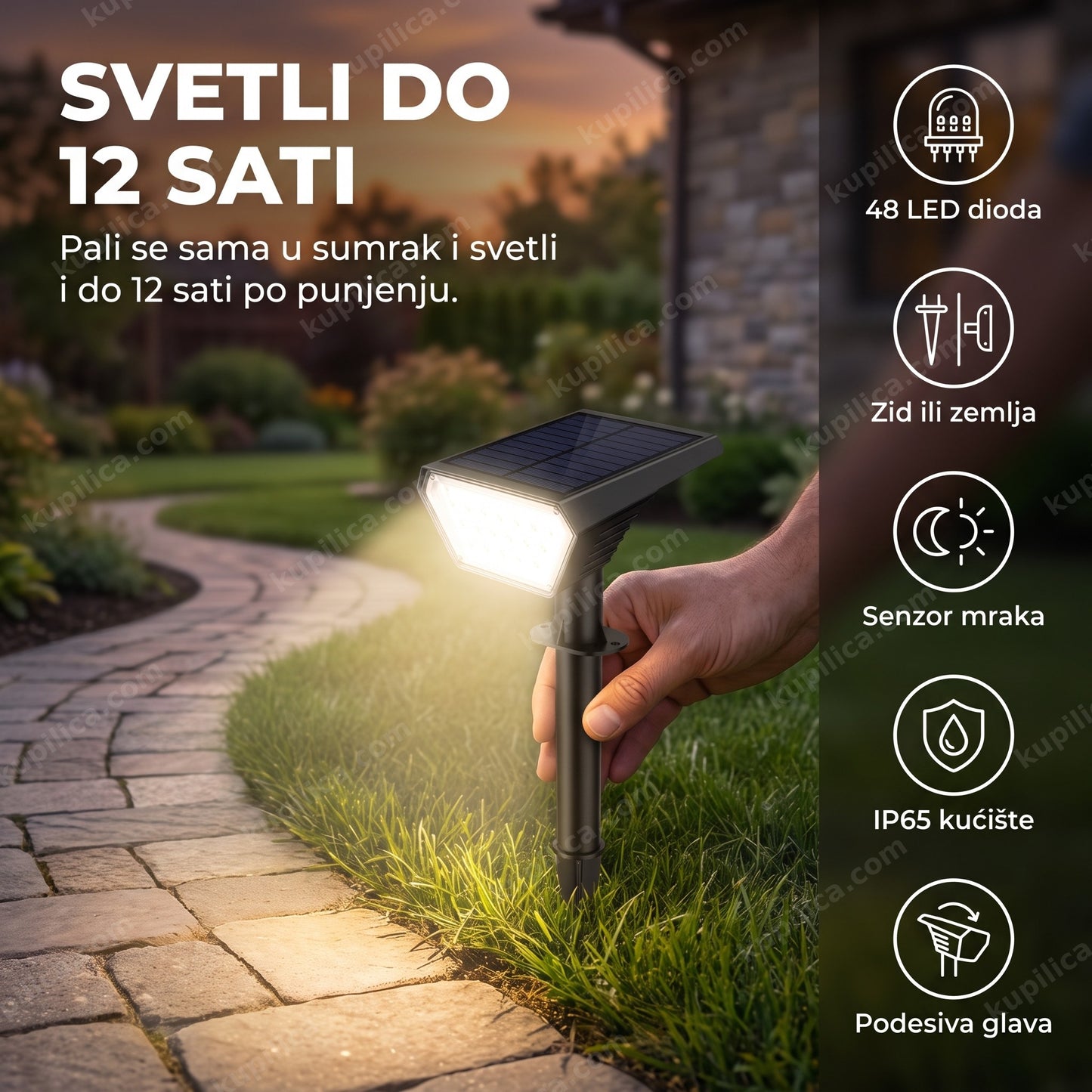 solarna LED lampa Lotus 48 LED dioda — lampa na kočiću osvetljava baštensku stazu u sumrak