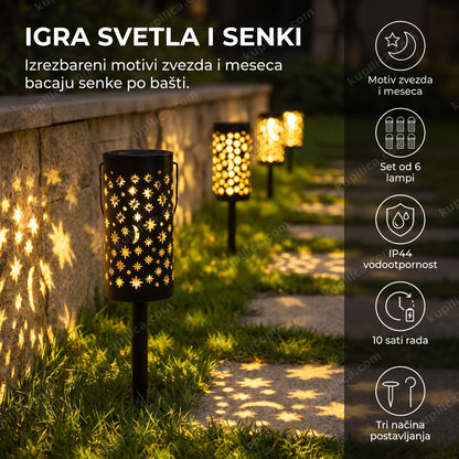 solarna led lampa lux-7 sa motivom zvezda i meseca na baštenskoj stazi, benefiti proizvoda