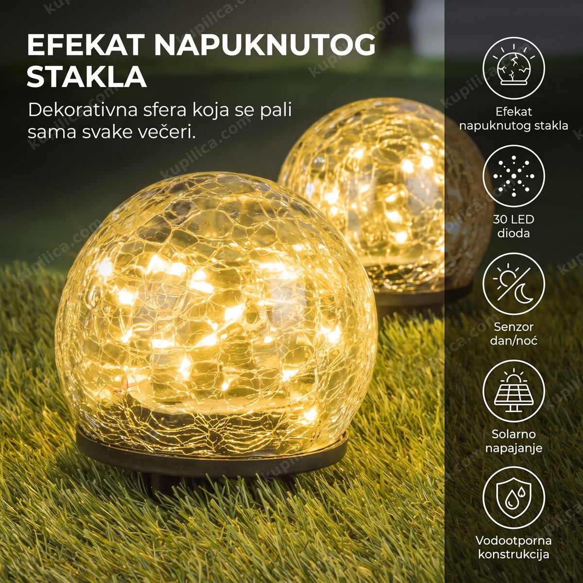 solarna led lopta dekorativna sa efektom napuknutog stakla na travnjaku, benefiti proizvoda