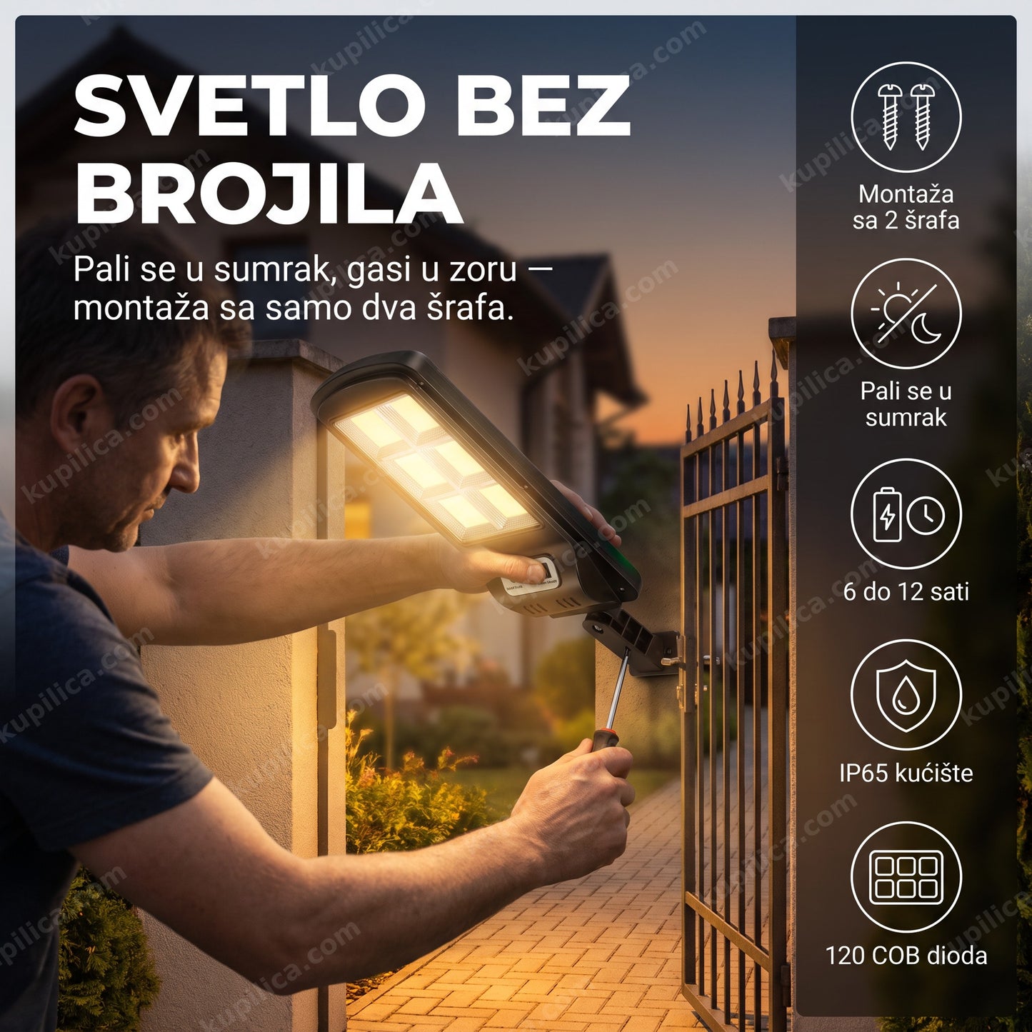solarna ulična lampa AB-TY16 sa 120 COB dioda — montaža lampe na zid pored kapije u sumrak