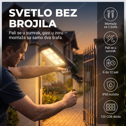 solarna ulična lampa AB-TY16 sa 120 COB dioda — montaža lampe na zid pored kapije u sumrak