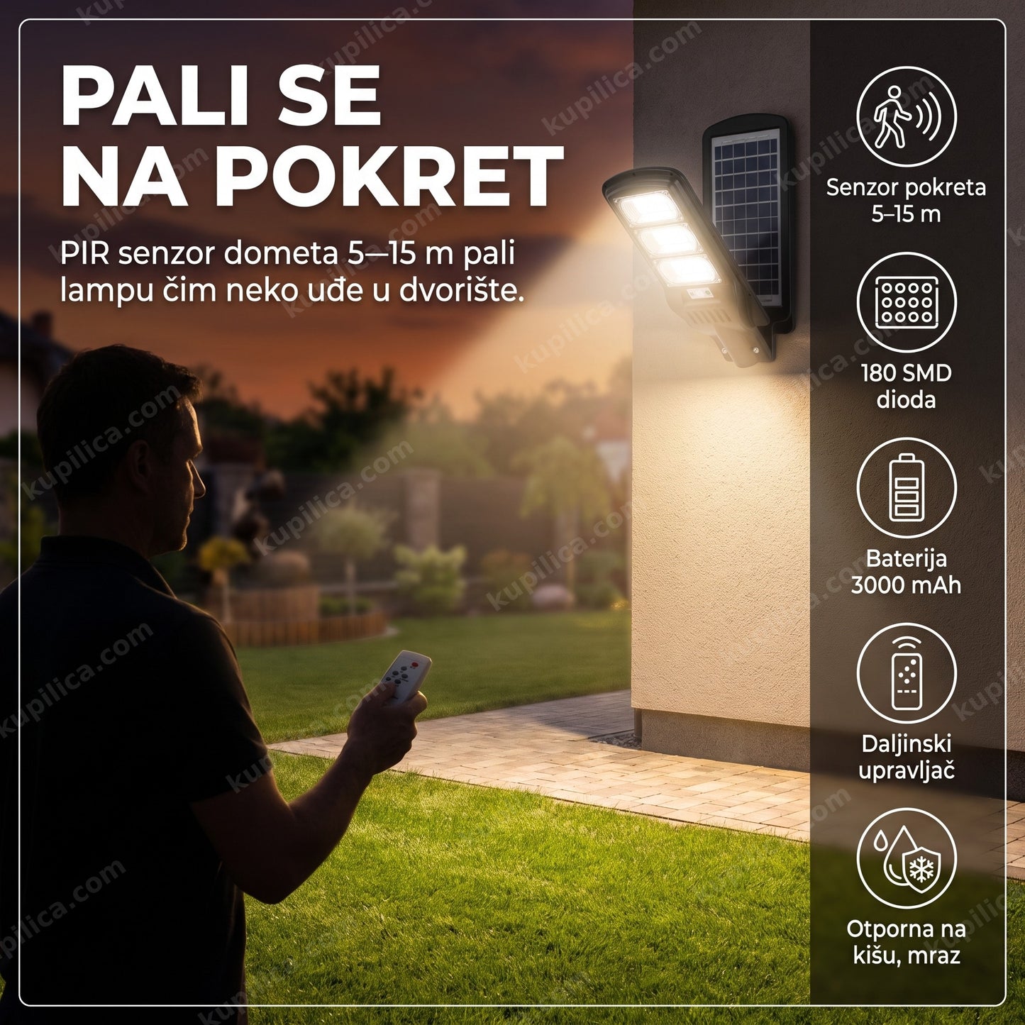 solarna ulična lampa W555A-3 300W sa PIR senzorom — lampa se pali na pokret u dvorištu, daljinski upravljač