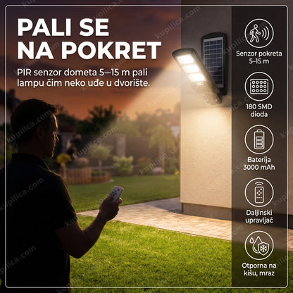solarna ulična lampa W555A-3 300W sa PIR senzorom — lampa se pali na pokret u dvorištu, daljinski upravljač
