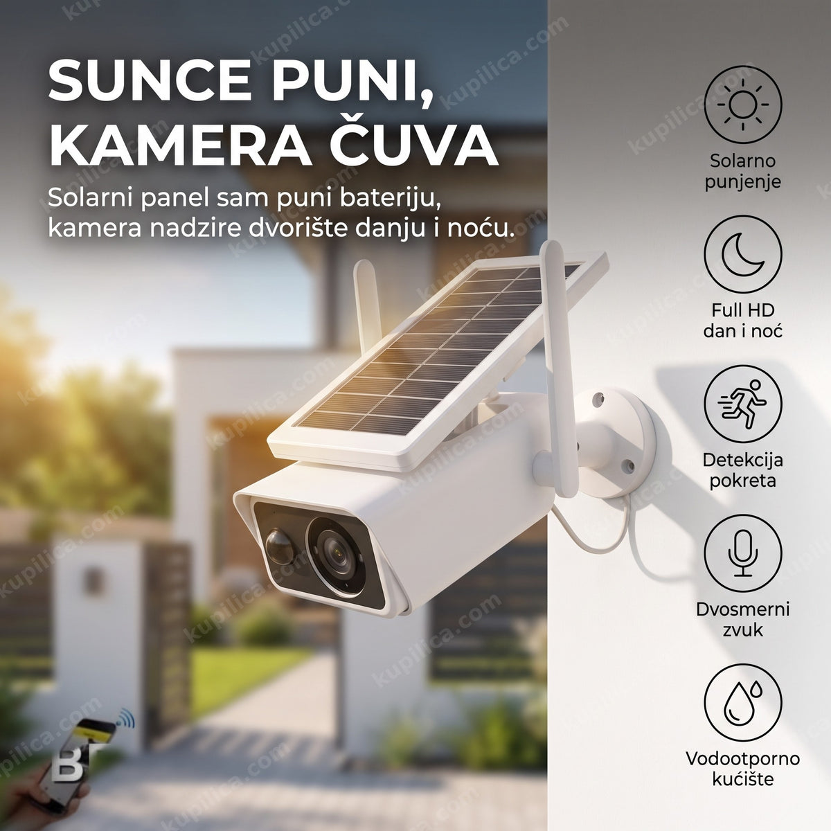 solarna wifi kamera za spoljašnju upotrebu montirana na zidu kuće