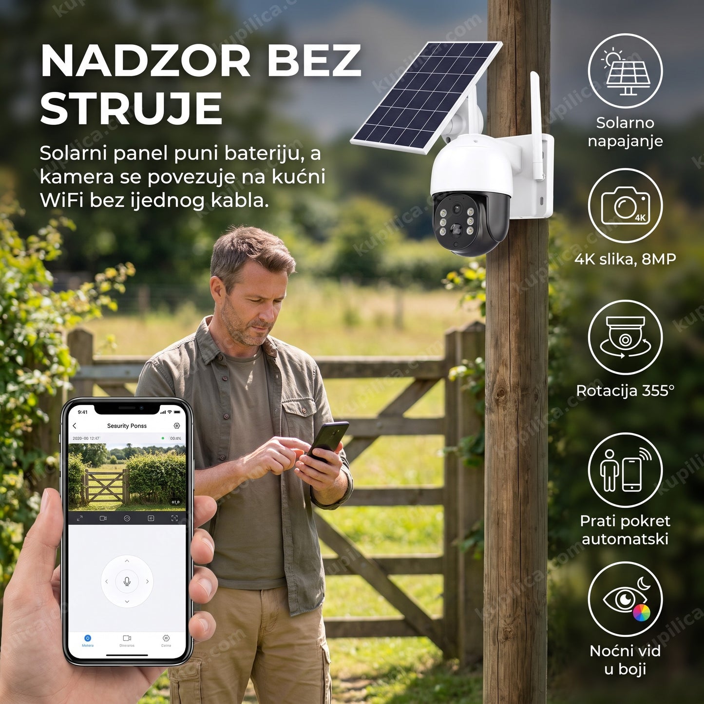 solarna wifi ptz kamera 4k — muškarac proverava snimak na telefonu u dvorištu, kamera montirana na stub, rotacija 355°, noćni vid u boji