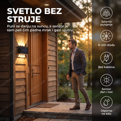 solarna zidna lampa — lampa svetli pored ulaznih vrata u sumrak, osam led dioda, automatsko paljenje bez kablova