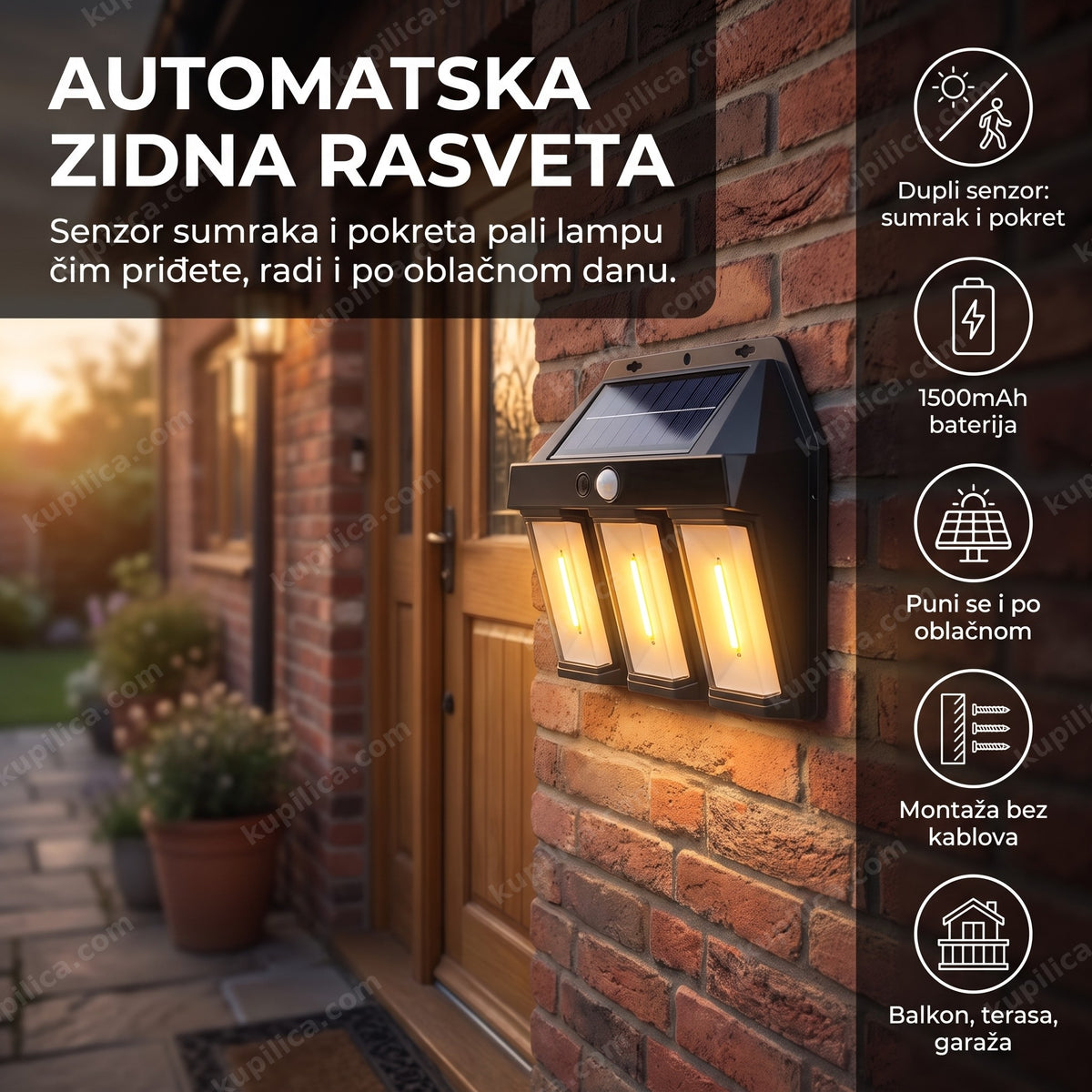 solarna zidna lampa LUX-618 montirana na zid kuće uveče sa toplim LED svetlom, benefiti proizvoda